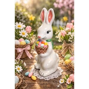 Mosser glass Bunny w/basket Milk glass decorated